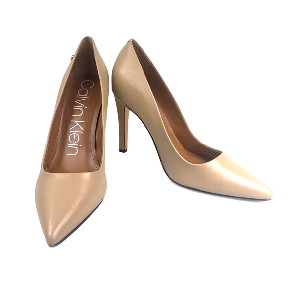 Calvin Klein Caramel Tan Leather Pumps 4" Stiletto Heels 9.5 Coquette Dress Shoe - Picture 2 of 6